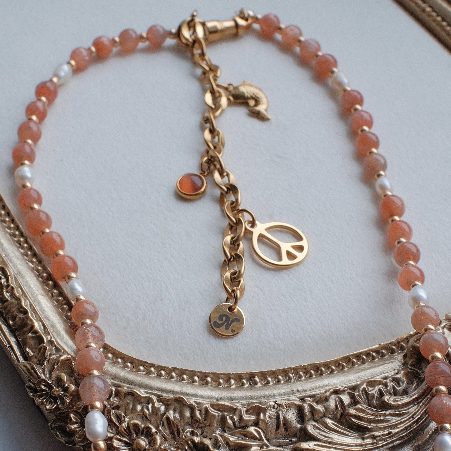 Sunstone and Pearl Beaded Necklace