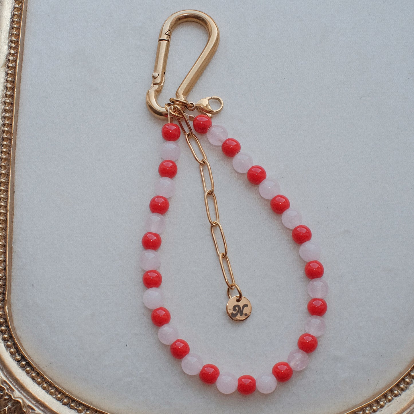 Carabiner Rose Quartz and Red Jade Bag Charm