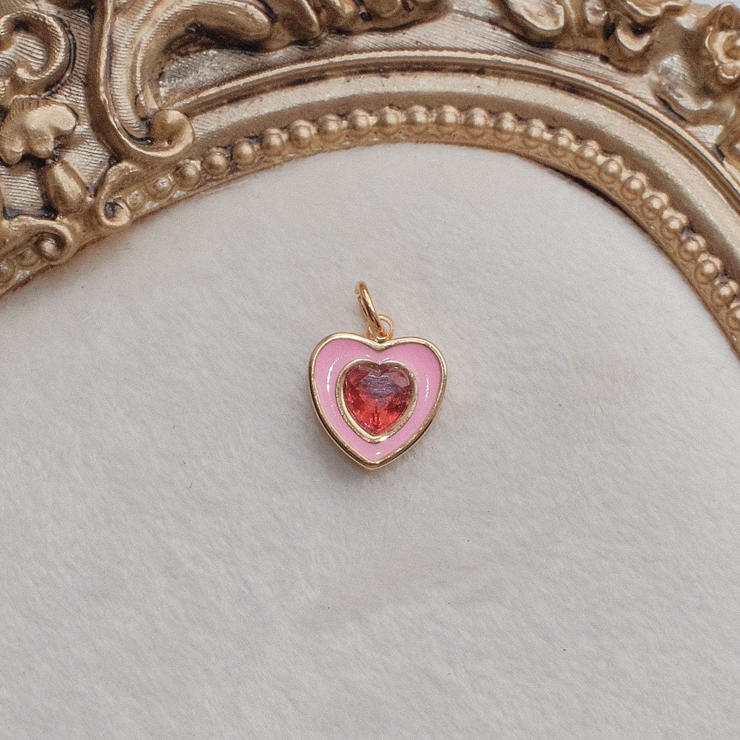 Gold and Pink Rhinestone Heart Charm