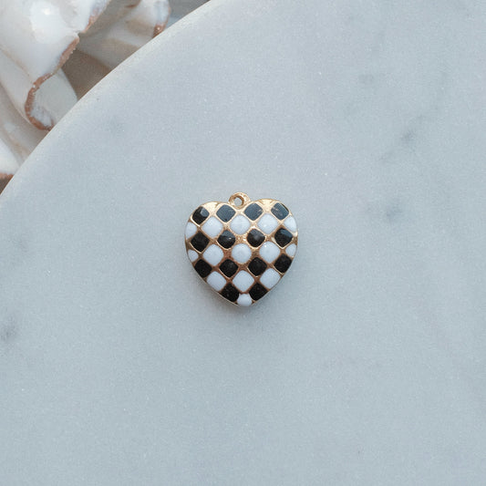 Black and White Checkered Heart Charm
