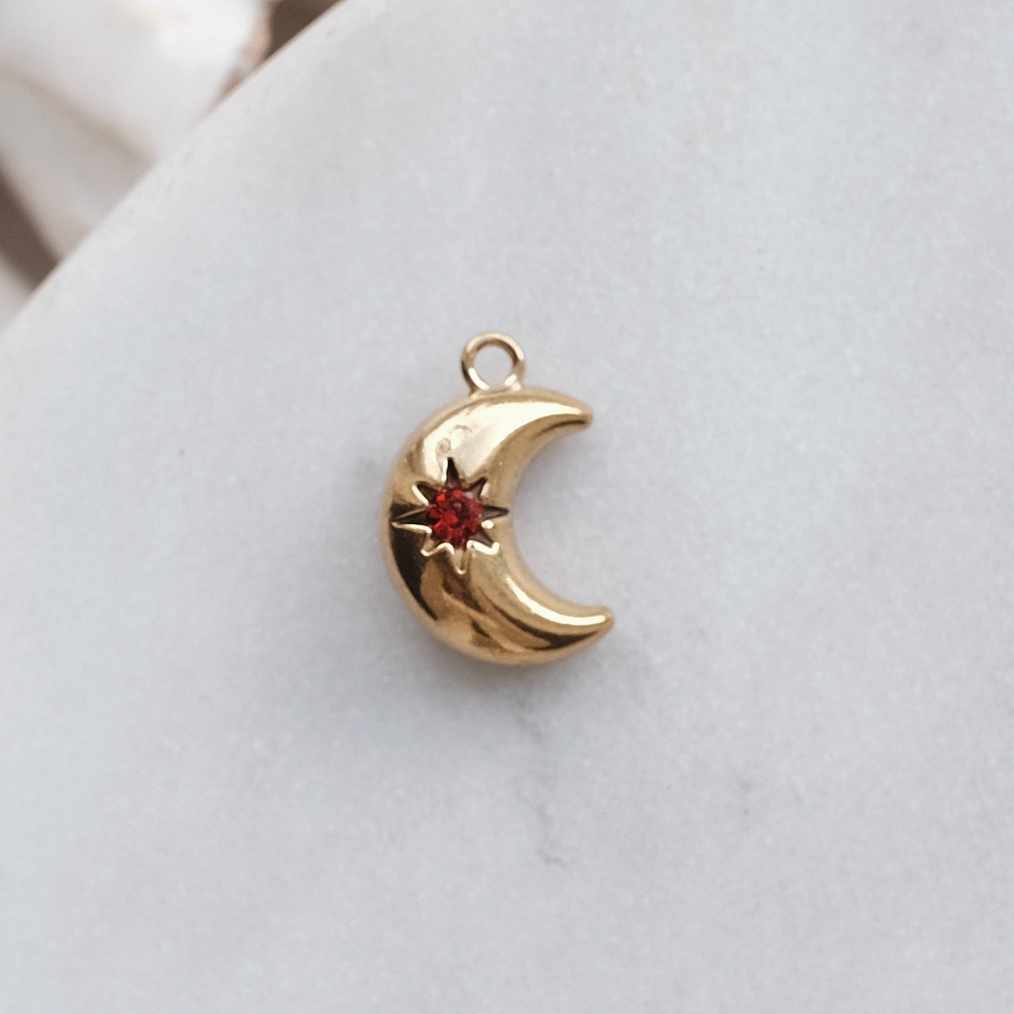 Gold Moon With Red Rhinestone Charm
