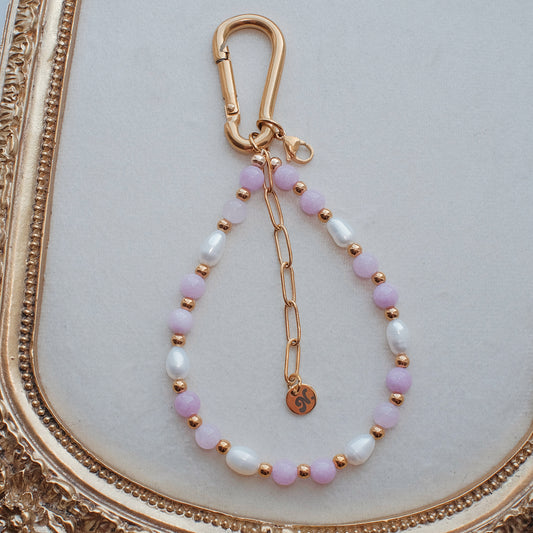 Carabiner Kunzite and Pearl Bag Charm