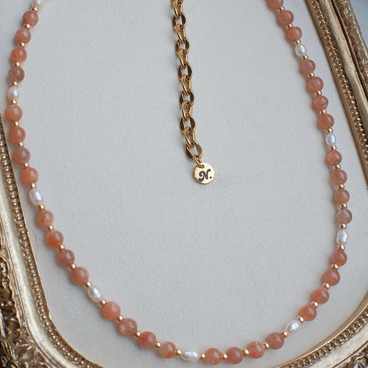 Sunstone and Pearl Beaded Necklace