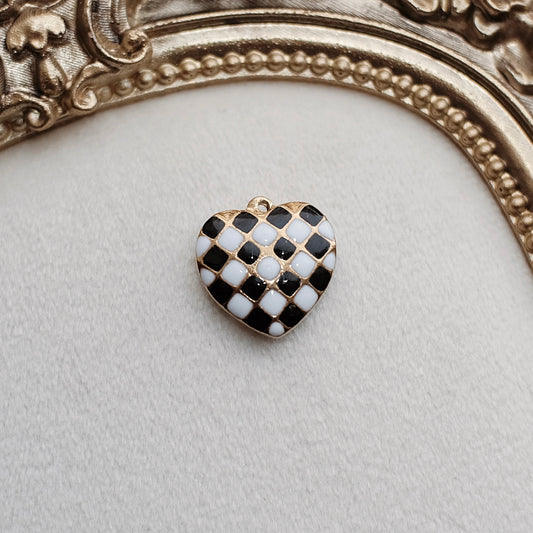 Black and White Checkered Heart Charm