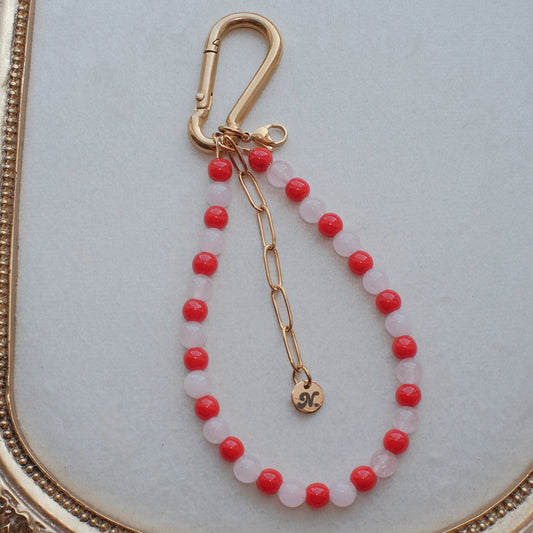 Carabiner Rose Quartz and Red Jade Bag Charm