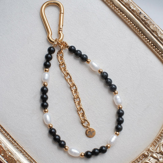 Carabiner Obsidian and Pearl Bag Charm