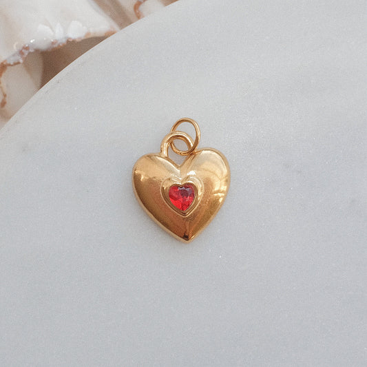 Gold and Red Rhinestone Heart Charm