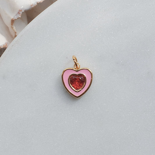 Gold and Pink Rhinestone Heart Charm