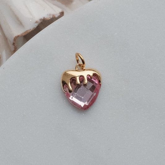 Gold and Pink Rhinestone Heart Drip Charm