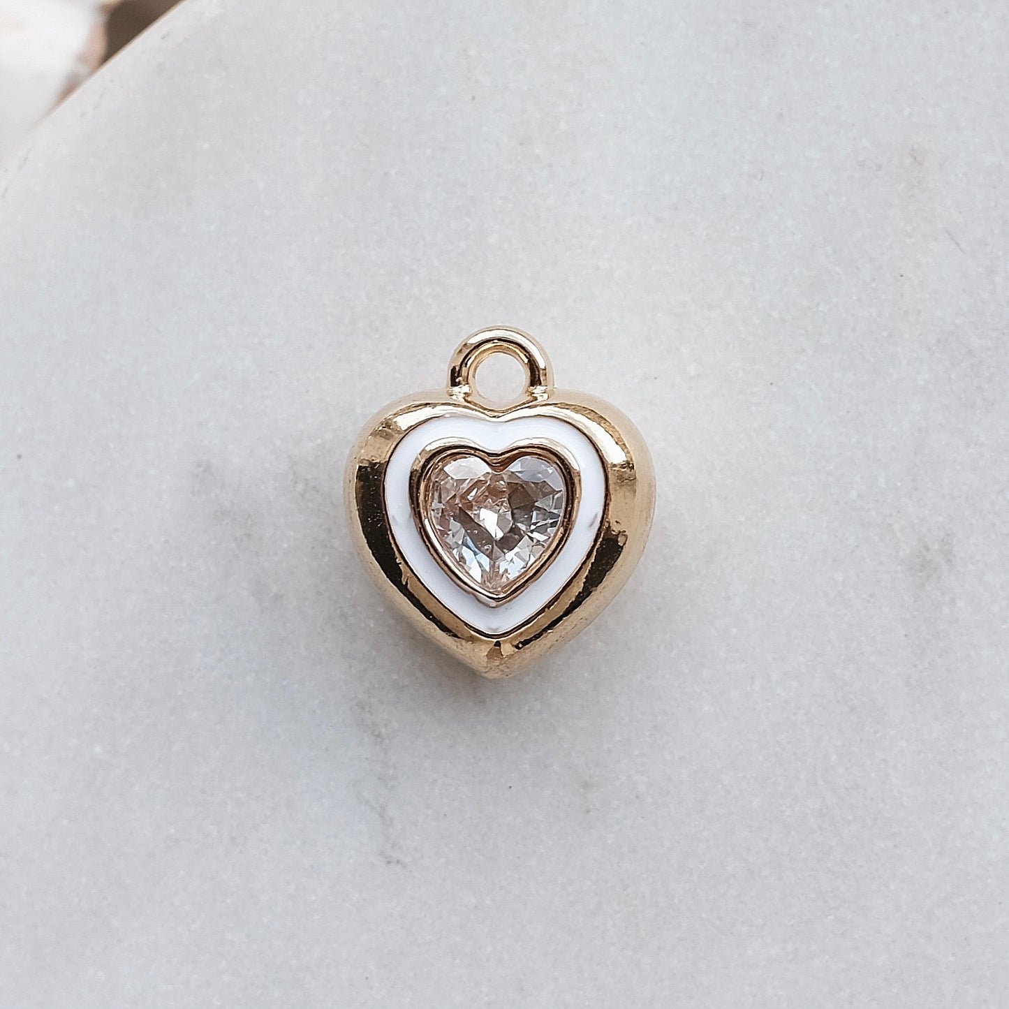 Gold and White Rhinestone Heart Charm
