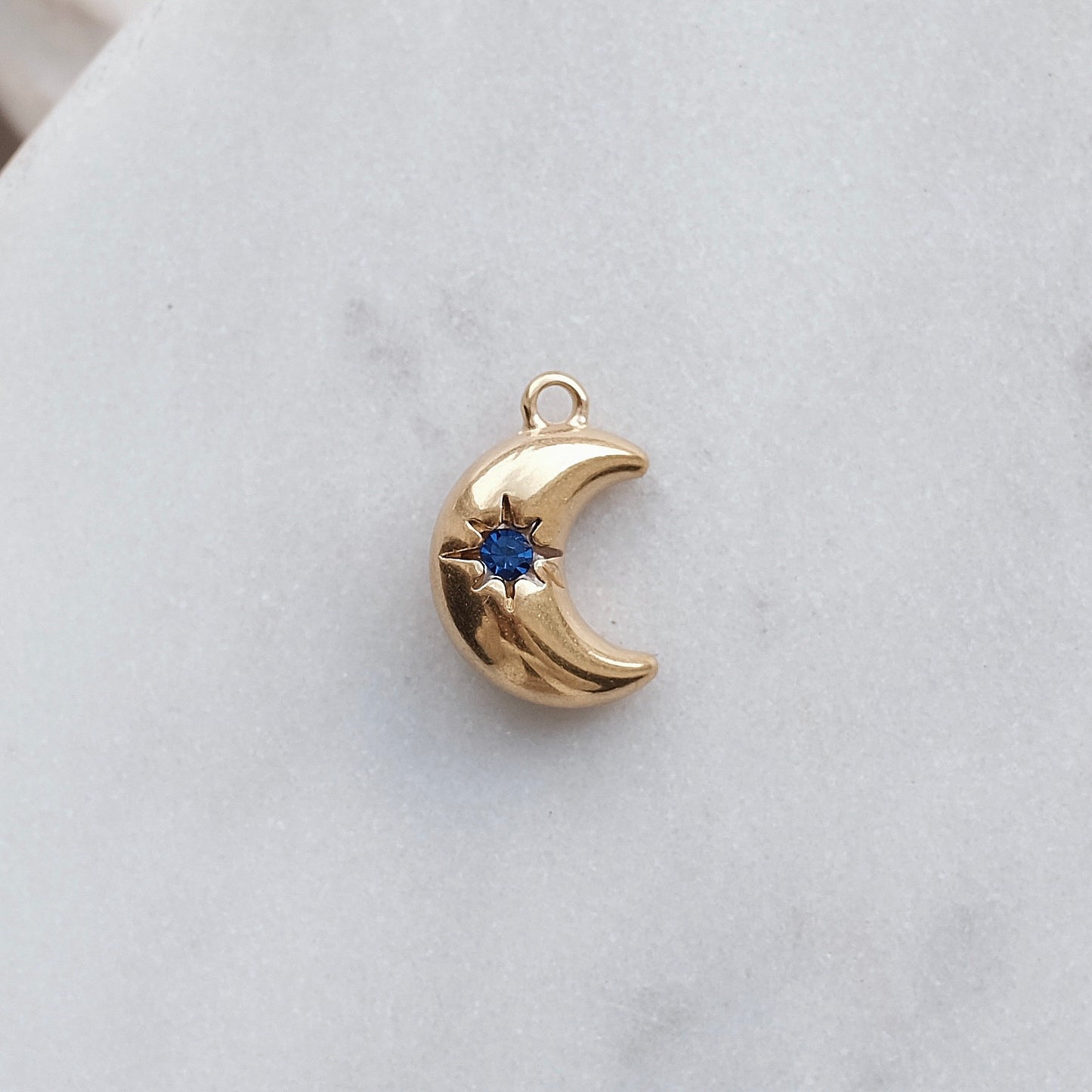Gold Moon With Blue Rhinestone Charm