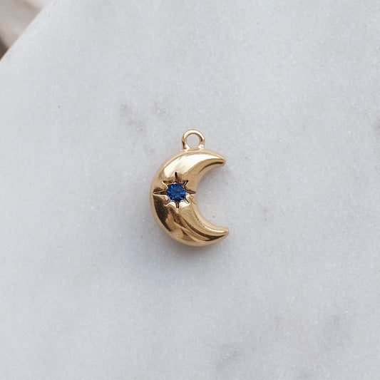 Gold Moon With Blue Rhinestone Charm